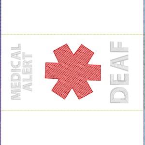 Puede incluir: Tarjeta de alerta médica blanca con un símbolo rojo de estrella de la vida y la palabra "DEAF" en texto blanco.