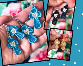 Heart Cross FSL Earrings: Machine Embroidery Design (Digital Download)