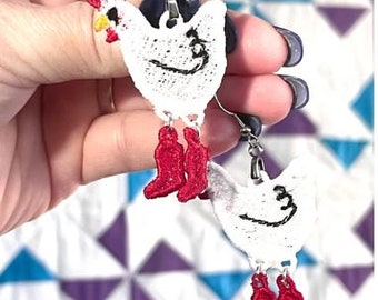 Chicken Boots Dangle Earrings: FSL Machine Embroidery Design (Digital Download)