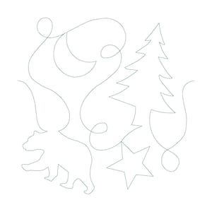 Peut inclure: Sur fond blanc, un dessin au trait continu représente un ours, un sapin de Noël, une étoile et des volutes abstraites. Le dessin est une ligne unique et ininterrompue, créant une esthétique minimaliste et artistique. L'ours marche.