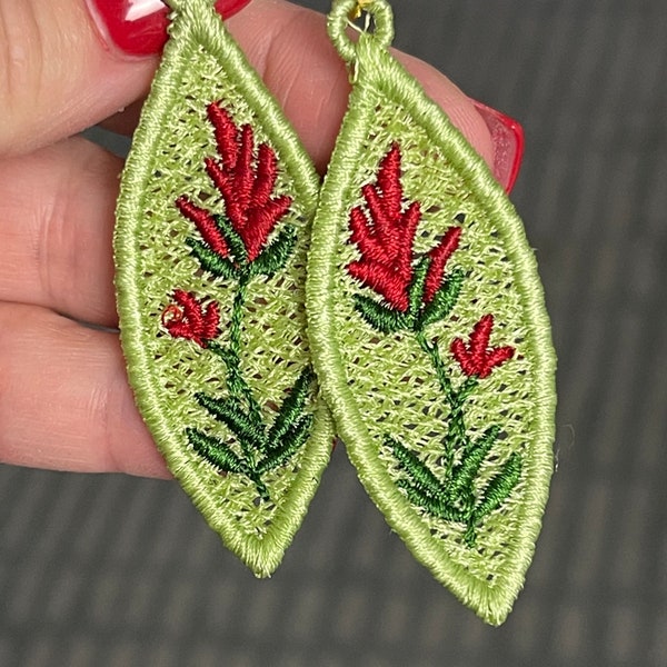Indian Paintbrush Wedge FSL Earring Design - machine embroidery design file - freestanding lace