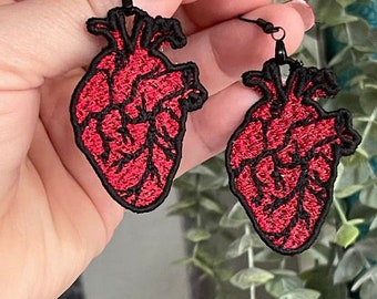 Anatomical Heart Earrings- In the Hoop Freestanding Lace  Machine Embroidery Design - Digital Download - In the Hoop  ITH