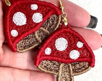 DBB FSL Woodland  Mushroom Earrings - Freestanding Lace In the Hoop Embroidery Project - Digital Download - Machine Embroidery Design