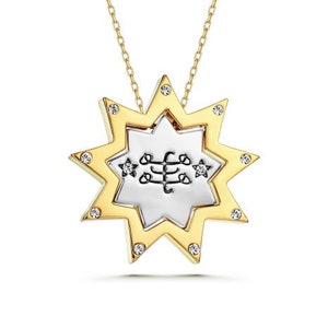 Baha&#39;i Schmuck, Größter Name Ringstein Symbol Anhänger Halskette, 18K Gold & Rhodium Plating