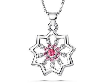 Baha'i Necklace, 9 Pointed Star with 19 Swarovski Crystals, Rhodium Plating