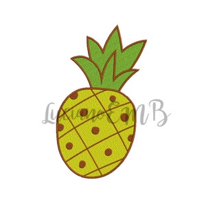May include: A yellow pineapple with brown spots and a green leafy top. The pineapple is outlined in brown.