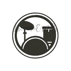 May include: Black and white silhouette of a drum set inside a circle. The drum set includes a bass drum, a snare drum, and a cymbal.