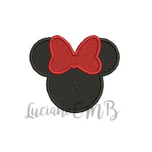 May include: Black and red embroidered design of a cartoon mouse head with large ears and a bow.