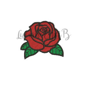May include: Embroidered red rose with black outlines and green leaves on a white background. The image has the text "Lu B" in the upper left and right corners.