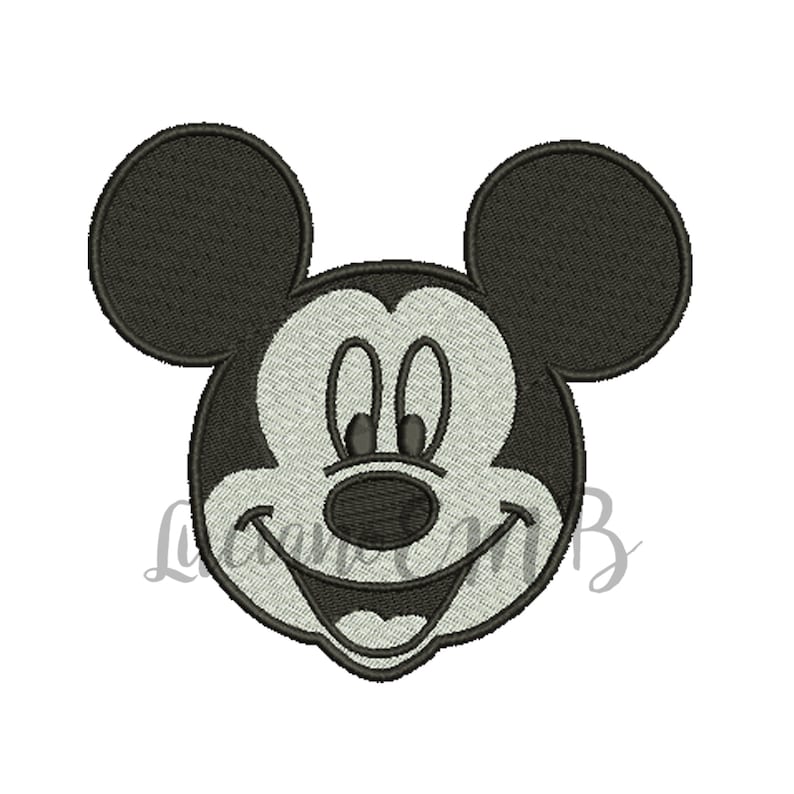 May include: Black and white cartoon image of Mickey Mouse's face with large ears.