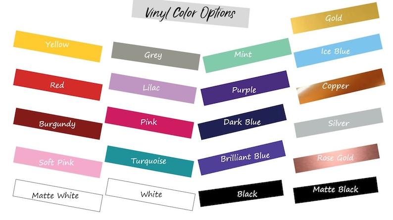 K&ouml;nnte beinhalten: Eine Tabelle mit Vinyl-Farboptionen f&uuml;r ein Bastelprojekt. Die Farben umfassen Gelb, Grau, Gold, Mint, Eisblau, Rot, Lila, Lila, Kupfer, Burgunder, Pink, Dunkelblau, Silber, Rosa, T&uuml;rkis, Brillantblau, Ros&eacute;gold, Mattwei&szlig;, Wei&szlig;, Schwarz und Mattschwarz.