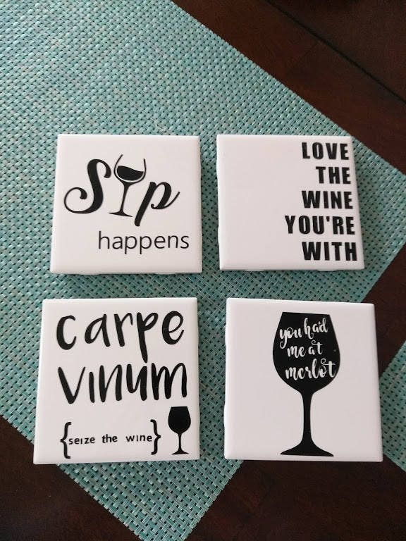 Set Of 4 Tile Coasters/Ceramic Coasters/Personalized/Wine Lover/Gift For Her/Gift Women/Coaster/Table Accent