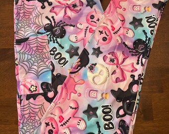 Pink Halloween Ghost Print Leggings with Pockets, Soft Stretchy Yoga Pants
