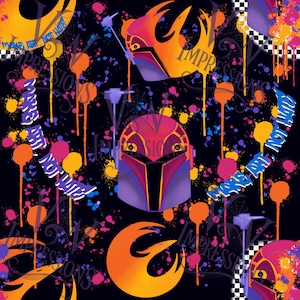 May include: A repeating pattern on a black background featuring stylized helmets in shades of red, orange, and purple. The design includes colorful paint splatters and the text "MAKE ART NOT HATE" in a graffiti style.