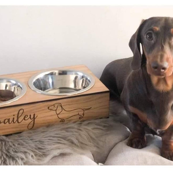 Personalised Oak Engraved Sausage Dog Pet Bowl Holder, Water Bowl Holder, Food Bowl Holder, Dachshund, Weiner Dog