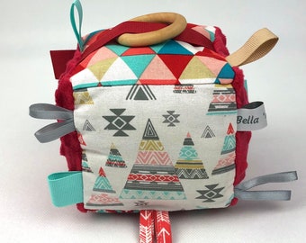 teepee baby toy block woodland Baby sensory block ribbon toy native infant toy crinkle block cube sensory cloth block baby shower