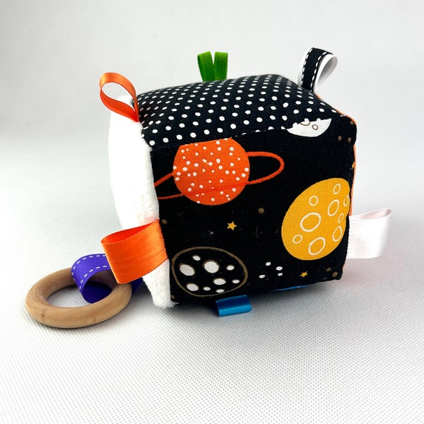 Baby toy block, sensory toy, black and white outer space, baby shower gift, baby rattle teething toy, newborn toy, cloth baby block