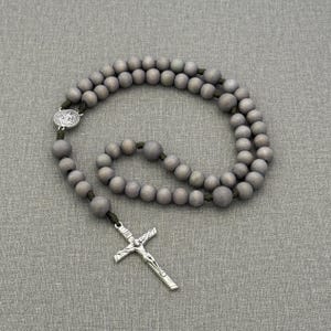 Rosary | Gray Round Wood Beads | OD Green Micro Paracord | St. Benedict Centerpiece | Log Style Crucifix