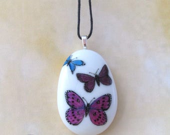 Hand painted Butterfly Pebble / Stone Pendant Necklace