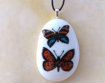 Hand painted Butterfly Pebble / Stone Pendant Necklace