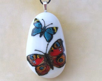 Hand painted Butterfly Pebble / Stone Pendant Necklace