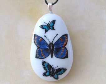 Hand painted Butterfly Pebble / stone Pendant Necklace