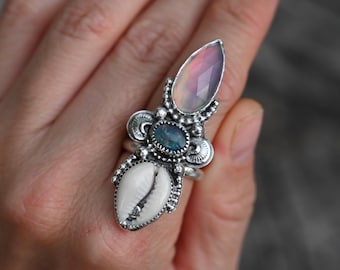 SIZE 6.75 Cowrie Shell w/ Australian Opal/ Aurora Opal Ring