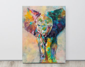 Impresión en lienzo de un elefante vibrante de una obra de arte original: pintura acrílica