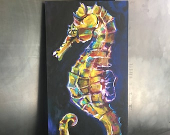 Seahorse Painting - Print of Original - Nautical Bathroom Decor - Bookshelf Decor