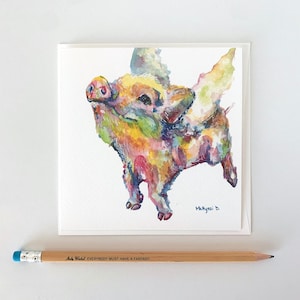 Puede incluir: Pintura acuarela de un cerdo rosa con alas, pintado en tonos de amarillo, verde, azul y morado. El cerdo está volando con la boca abierta y los ojos cerrados. La firma del artista, "Mckynzi B." está en la esquina inferior derecha.