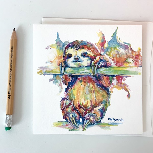 Happy Sloth Greeting Card - Rainbow Sloth Card, Blank Greeting Card, Watercolor Sloth, Sloth Bookshelf Decor