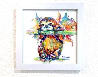 Impressão de pintura em aquarela de preguiça arco-íris: arte de preguiça feliz