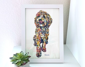 May include: A framed painting of a brown and white dog with a colorful, abstract style. The dog is sitting and looking to the side. The painting is signed "Mollymauk."