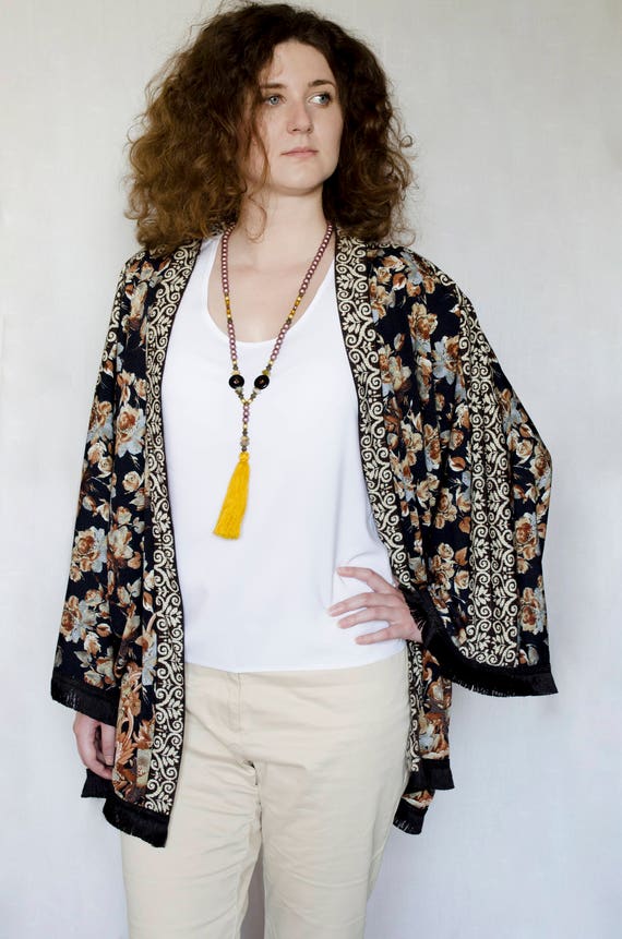 Black fringe long sleeves open front kimono jacket Gypsy | Etsy