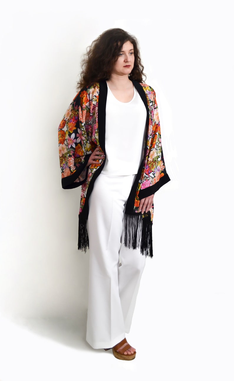 Long kimono cardigan Long sleeve kimono Fringe coat Boho Etsy