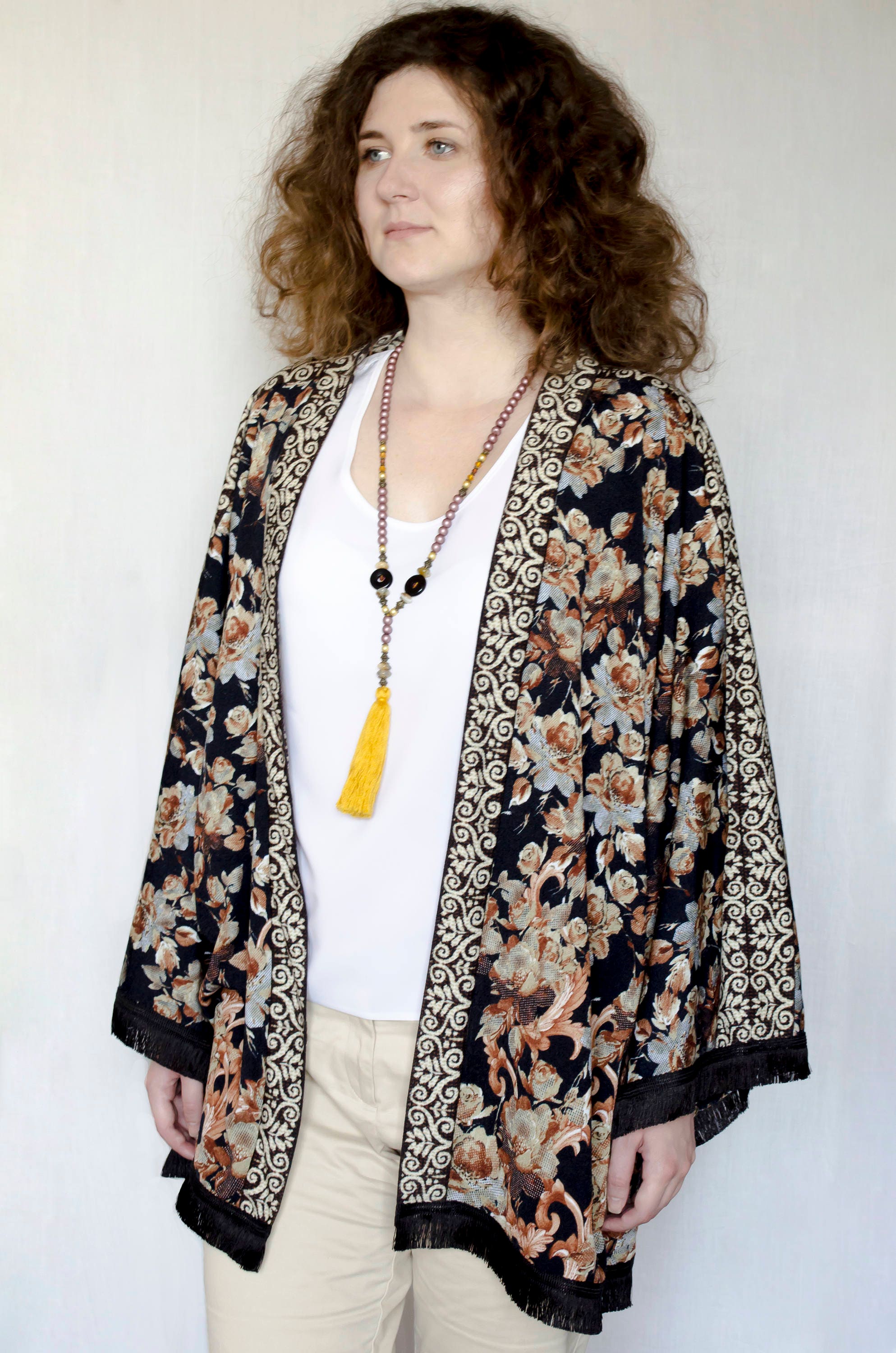 Long sleeves fringe floral front open kimono jacket Boho | Etsy