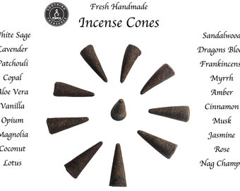 Fresh handmade Incense Cones - Aromatherapy - Lavender, Frankincense, Myrrh, White Sage, Sandalwood, Musk, Patchouli and other favorites!