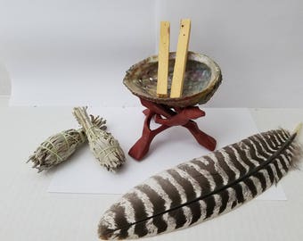 Huge Smudging Kit - Beautiful Abalone shell, 4 inch Wood Cobra Stand, 2 White Sage Smudge, 2 Palo Santo Holy Wood Sticks, Smudge Feather