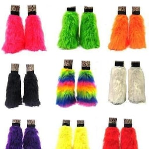 Neon UV Fluffy Furry Fluffies Long Pile Fur Legwarmers Boot Covers Rave Party Festival Clubwear image 1