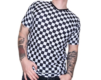 Men's Black And White Check Chequer Printed V-Neck T-Shirt