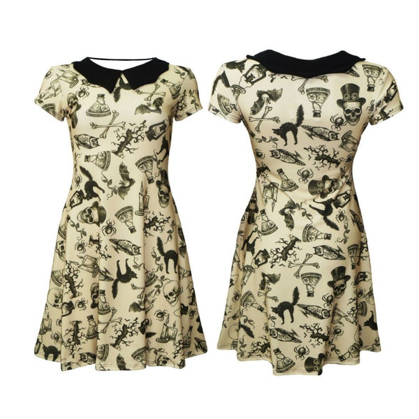 Skulls Steampunk Spooky Cat Spider Owl Bats Alternative Print Bat Collar Skater Dress