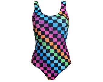 Rainbow Multicolour Checker Board Printed Swimsuit Bodysuit