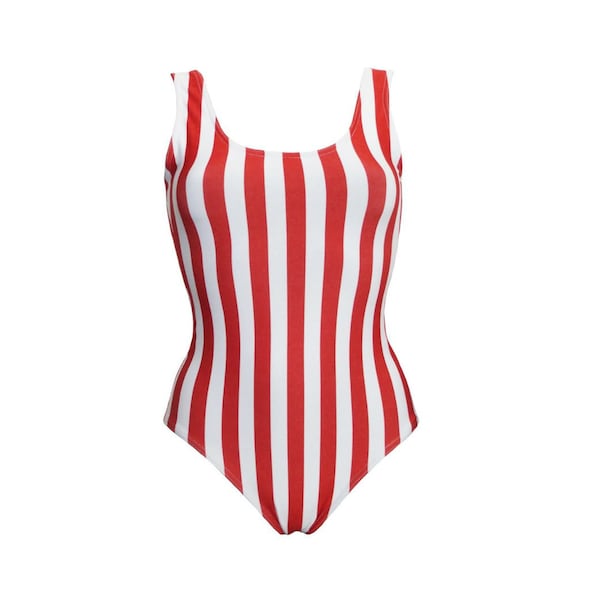 Red And White Vertical Stripe Swimsuit Bodysuit Swimwear