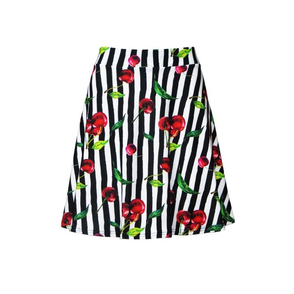 Cherry Tart Monochrome Black And White Striped Retro Print Skater Skirt