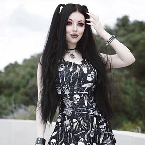 Gothic Skeletons Skulls Anatomy Bones Ribcage Heart Print Skater Dress