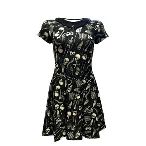 Gothic Skeletons Skulls Anatomy Bones Ribcage Heart Alternative Print Bat Collar Skater Dress image 1