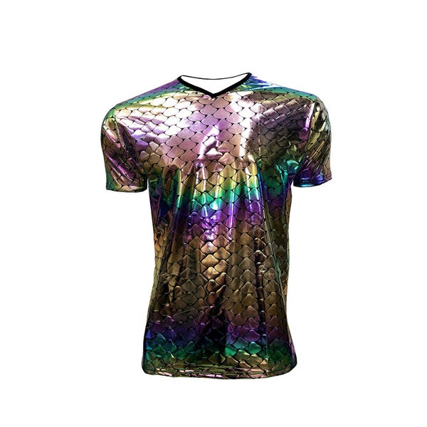 Men's Rainbow Multicolour Metallic Shiny Multi Fish Scale Mermaid Foil V-Neck T-Shirt Top