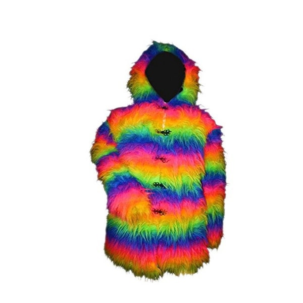 Neon UV Multi Rainbow Fluffy Furry Fluffies 3/4 Long Pile Fourrure à capuche Veste Manteau