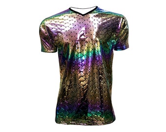 Men's Rainbow Multicolour Metallic Shiny Multi Fish Scale Mermaid Foil V-Neck T-Shirt Top