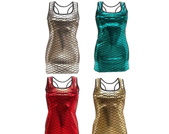 Metallic Shiny Foil Mermaid Fish Scale Long Vest Tank Bodycon Tops Rave Party Clubwear